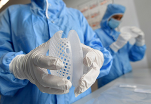 A lab doctor holding a Lattice Medical  3d printed Mattisse breast implant