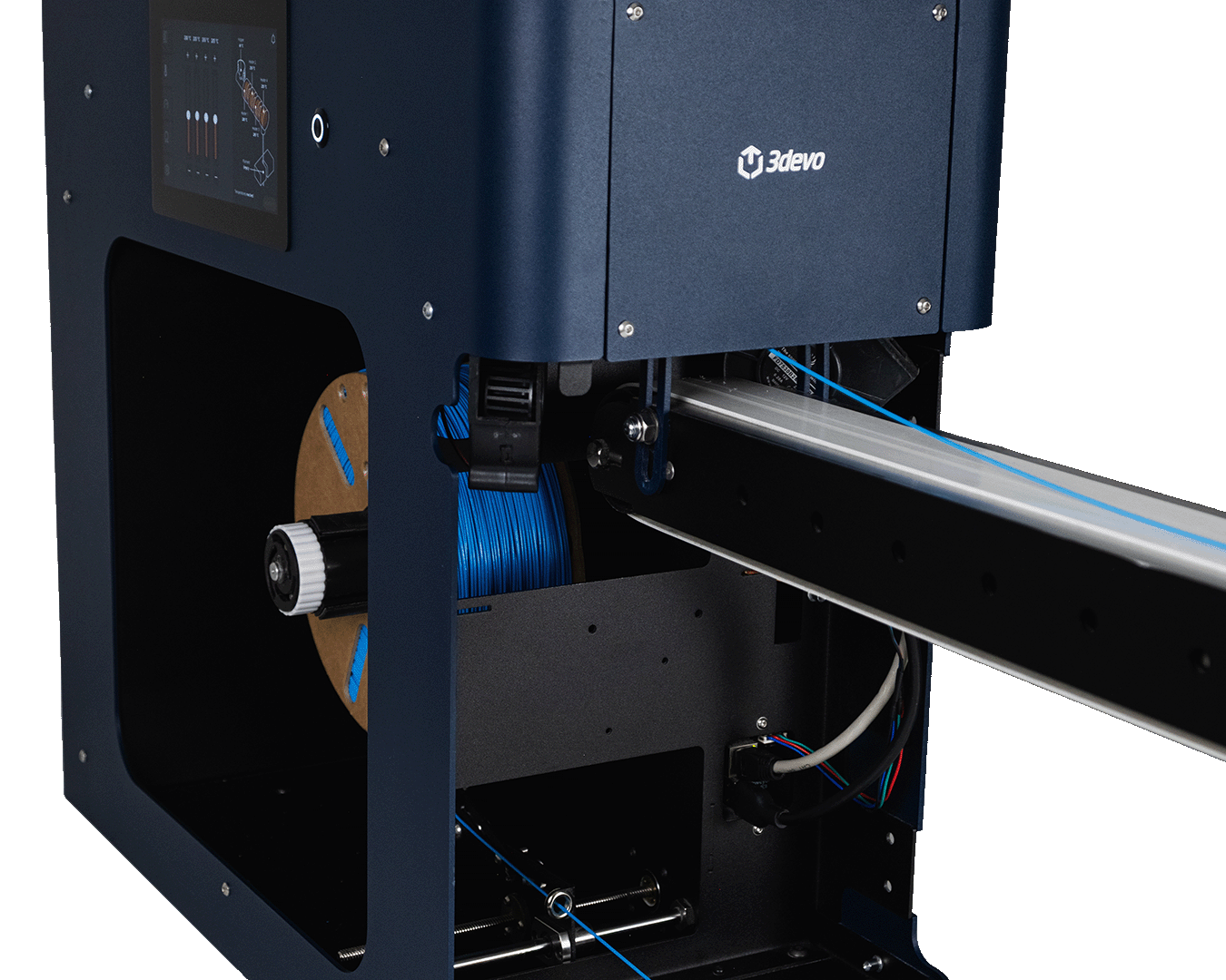 Close-up of the FMX10's spool bay and touchscreen, with filament extruded from the nozzle, placed onto the conveyor belt, and winded on the spool.
