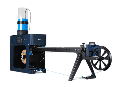 Full view of the 3devo FMX10 filament maker, showing the SmartFlow Hopper, touchscreen, cooling path, and winder wheel in one continuous line.