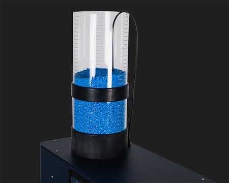 The Filament Maker X10's SmartFlow Hopper filled with bright blue filament.
