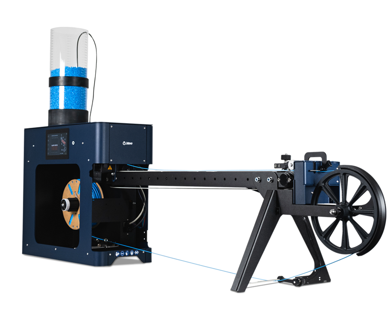 Full view of the 3devo FMX10 filament maker, showing the SmartFlow Hopper, touchscreen, cooling path, and winder wheel in one continuous line.