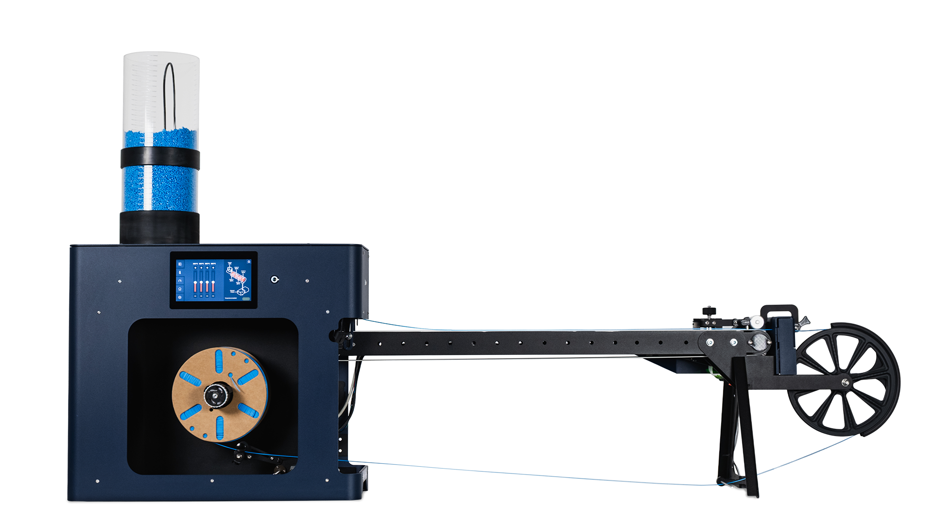 Full side profile of the 3devo FMX10, showing the SmartFlow Hopper loaded with blue pellets, touchscreen, and X10 cooling belt extending to the winder wheel.