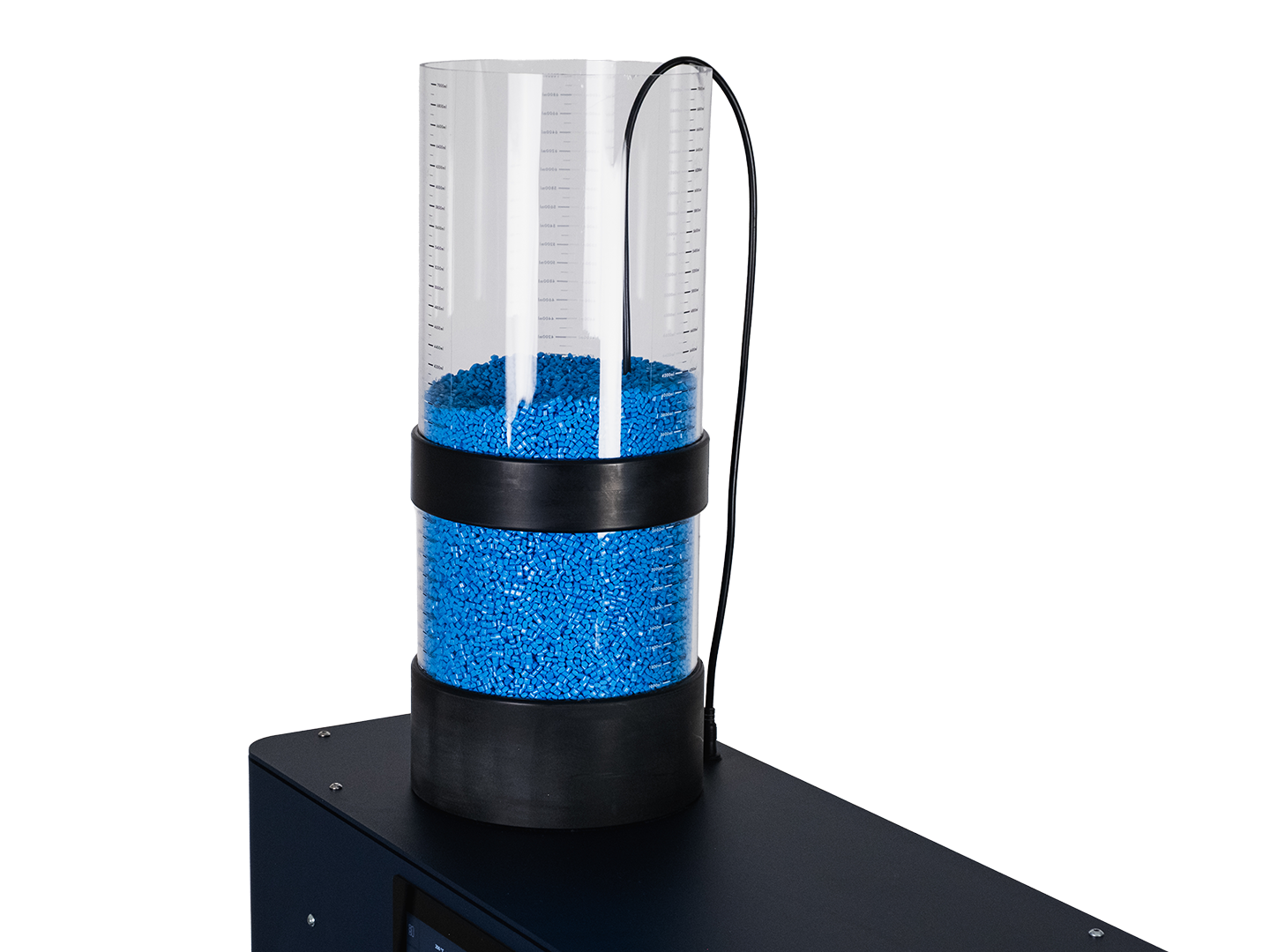 The Filament Maker X10's SmartFlow Hopper filled with bright blue filament.