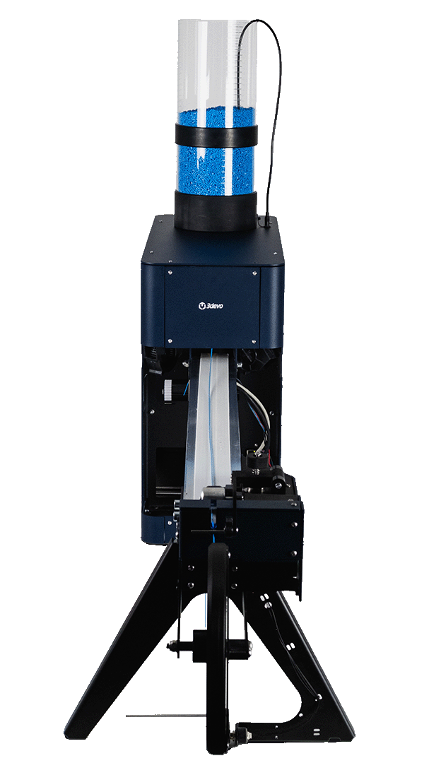 Straight-on front view of the 3devo FMX10 filament maker with the SmartFlow Hopper on top and the conveyor belt extending to the winder wheel.