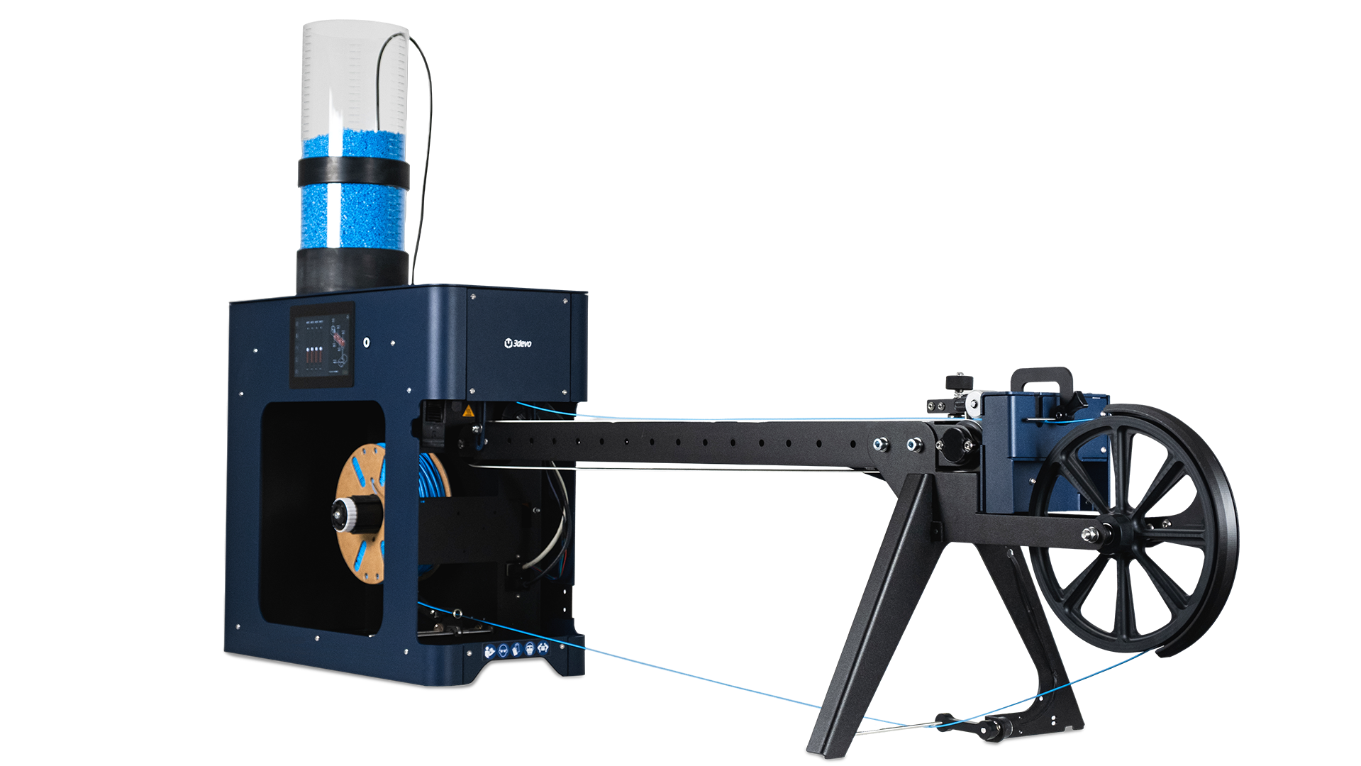 Full view of the 3devo FMX10 filament maker, showing the SmartFlow Hopper, touchscreen, X10 cooling, and winder wheel in one continuous line.