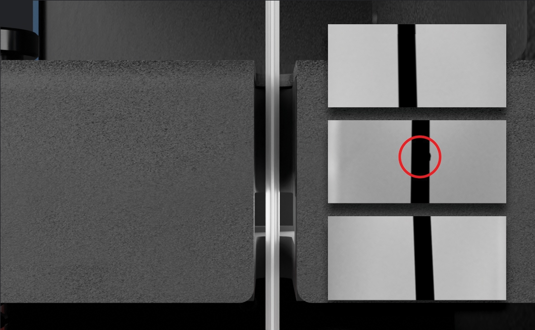 Three camera views from the Filament Maker X10’s 3-axis optical sensor, with a small blob on the filament circled in red
