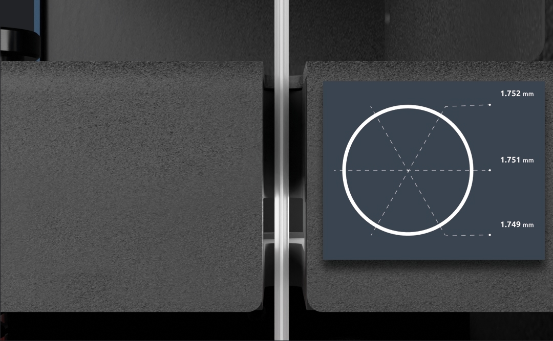 Filament passing through the Filament Maker X10 sensor, with an overlay showing a cross-section measured on three axes: 1.752 mm, 1.751 mm, and 1.749 mm.