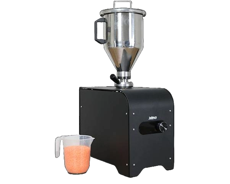 3devo's AIRID Polymer Dryer with a stainless steel hopper on top, efficiently prepping materials for 3D-printing, with orange polymer beads in a clear measuring cup beside it.