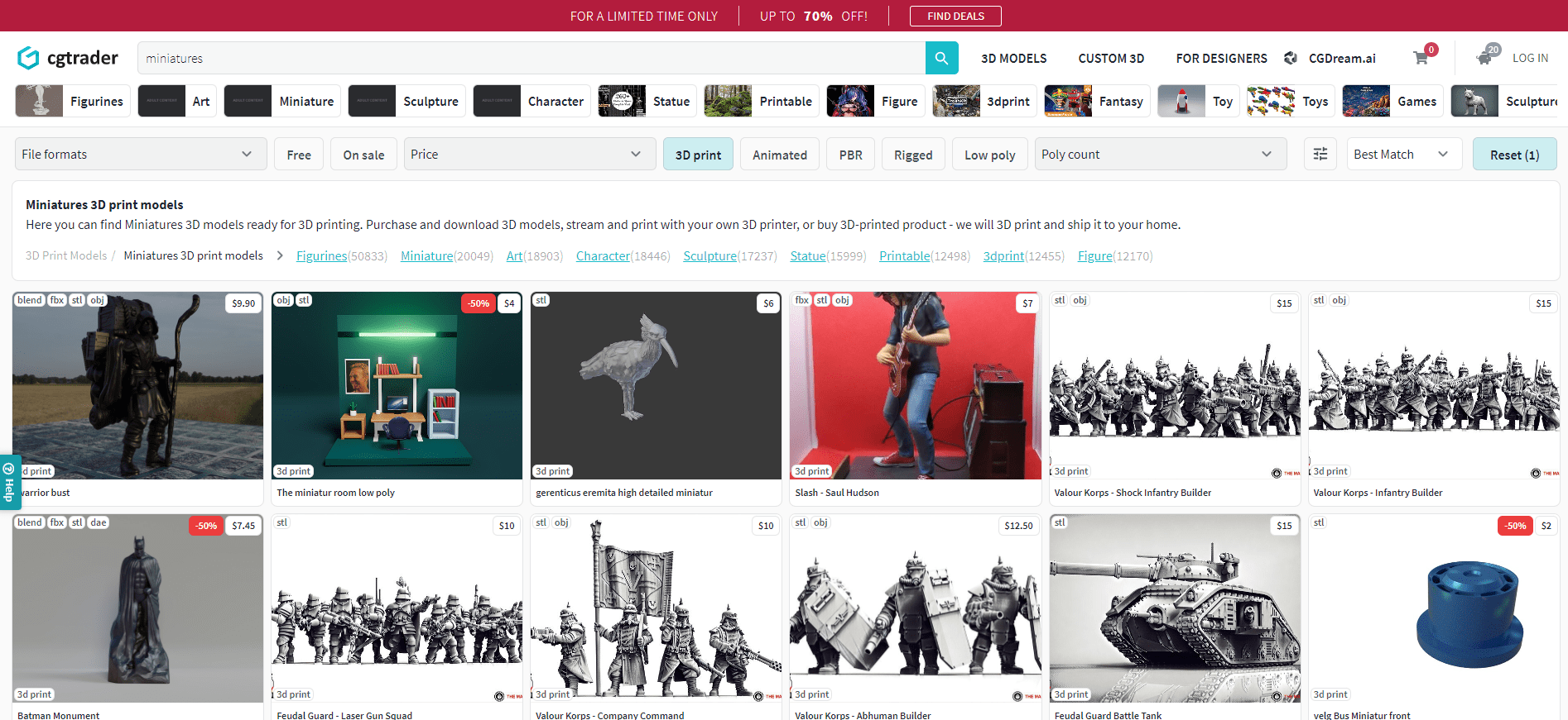 Screenshot from the CGTrader site showing various 3d prints.