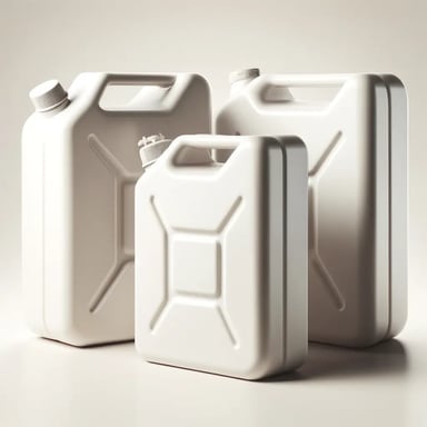 Three white plastic fuel jerry cans.