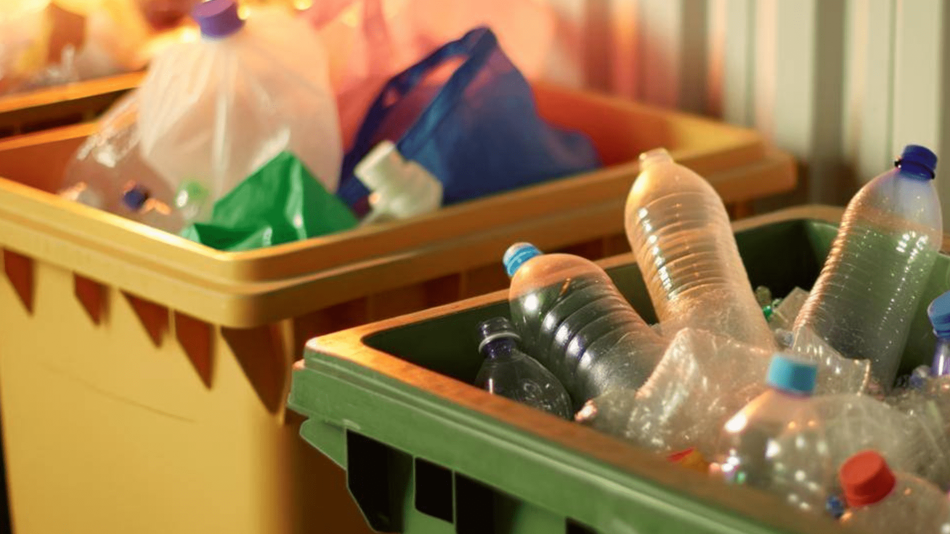 Plastic waste inside recycling bins.