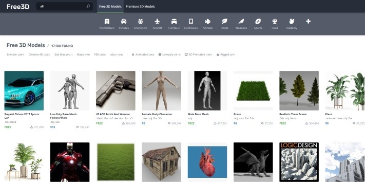 Screenshot from the Free3D site showing various 3d prints.