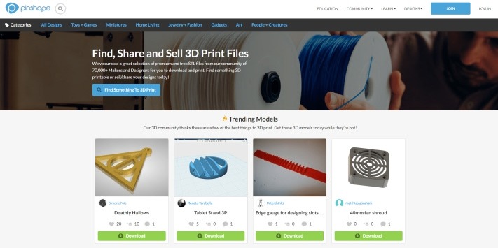 Screenshot from the Pinshape site showing various 3d prints.