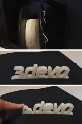 TPU filament and TPU 3D printed 3devo Logo