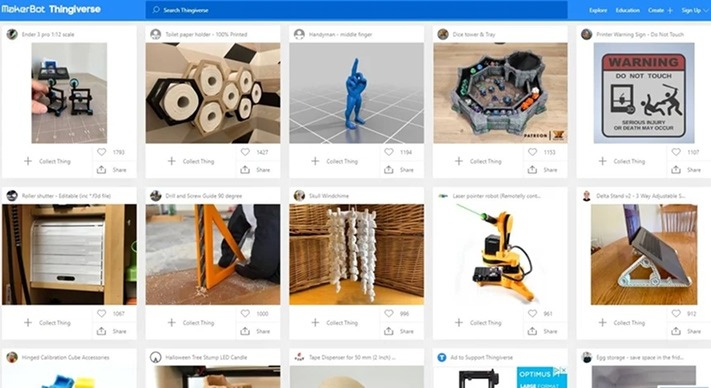 Screenshot from the Thingiverse site showing various 3d prints.
