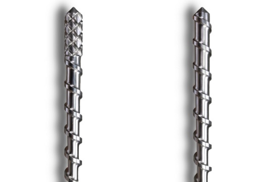 Two silver screws, one with a different heading than the other, with a 