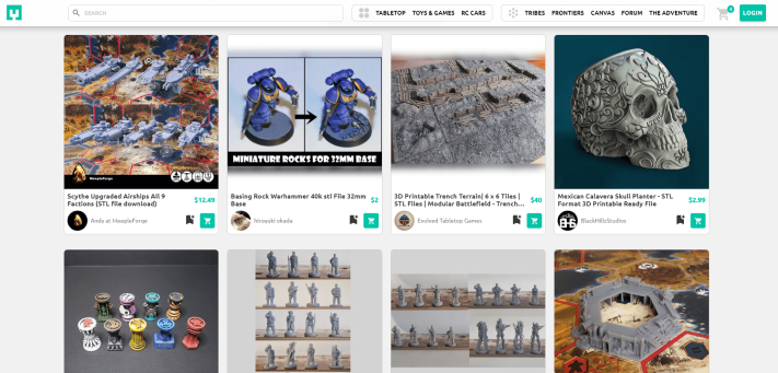 Screenshot from the MyMiniFactory site showing various 3d prints.