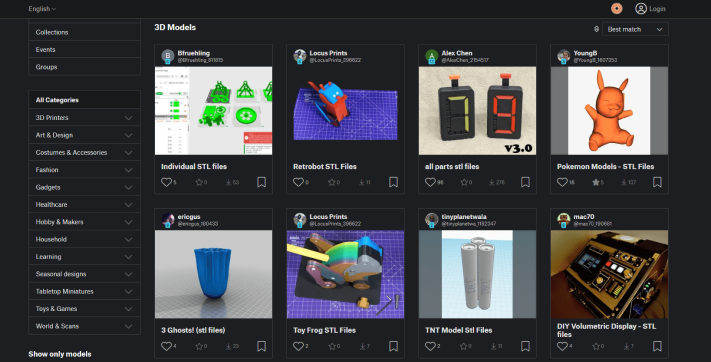 Screenshot from the Printables site showing various 3d prints.