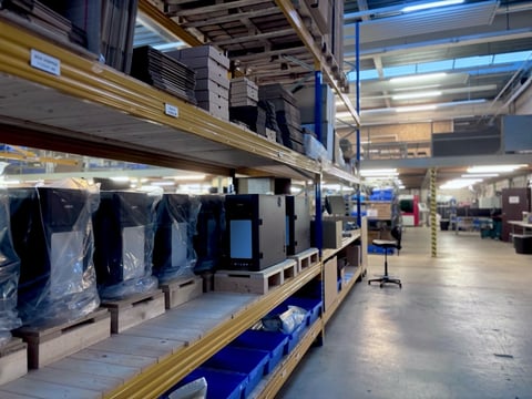 3devo's production floor in Utrecht, the Netherlands, with several Filament Maker TWO machines ready to be shipped.