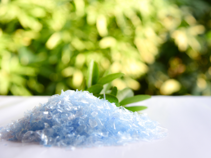 Finely shredded translucent pieces of plastic.
