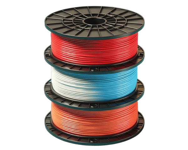 Spools of filament in vibrant colors stacked on top of each other.