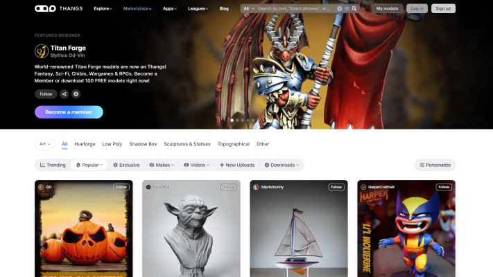 Screenshot from the Thangs site showing various 3d prints.