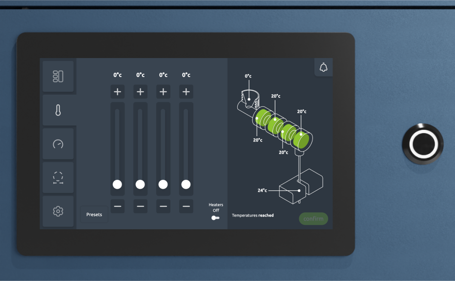 The touchscreen showing the adjustable temperature settings for the heaters.