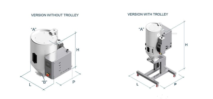 Two versions of the dryer with lines of measurements for each dimension. 