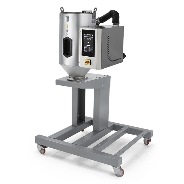 The brushed metallic Vismec Dryer standing on a metal trolley.