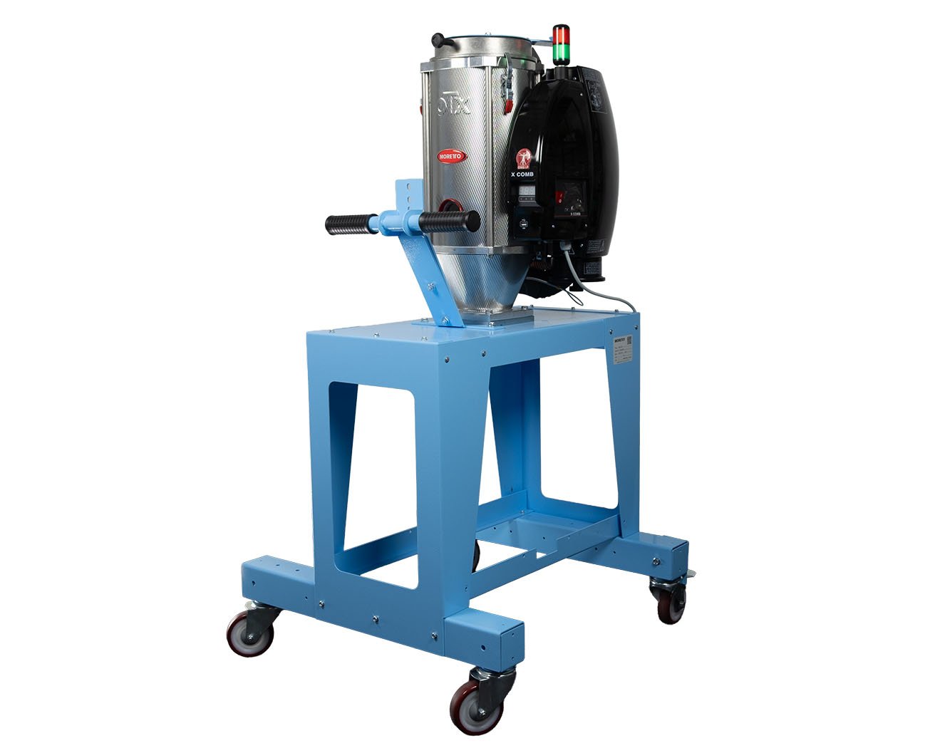 Three-quarter view of the XD12 desiccant dryer on the optional mobile trolley, showing the OTX hopper, control unit, and castored frame.