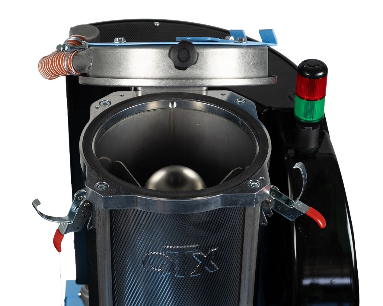 Top view of the XD12 desiccant dryer with the lock-up lid swung open, showing the stainless hopper interior, central air-distribution duct, quick-release clamps, and the LED status tower.