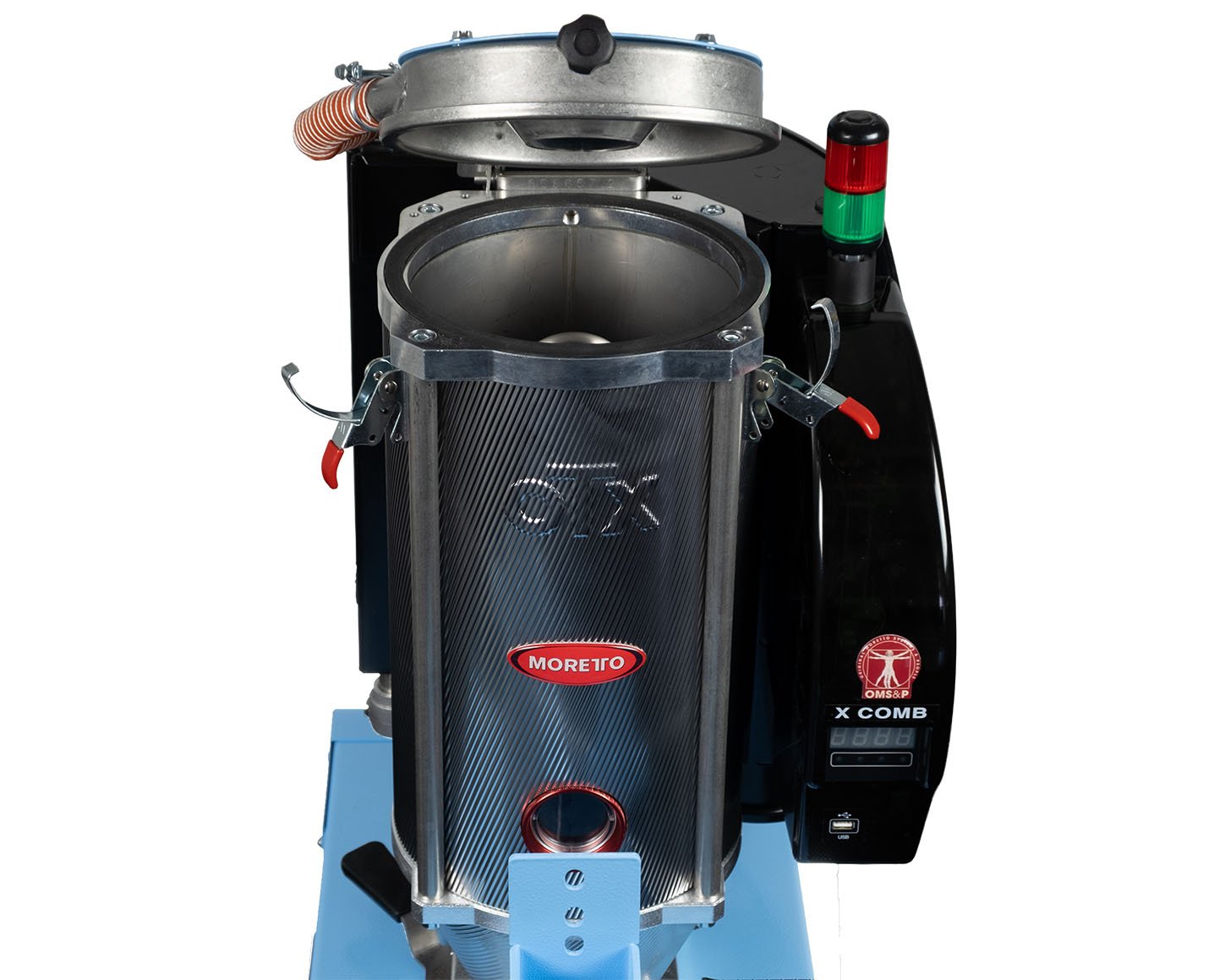 Front view of the XD12 desiccant dryer with the hopper open, showing the insulated OTX hopper body, sight glass, and the X COMB control unit with display and USB port.