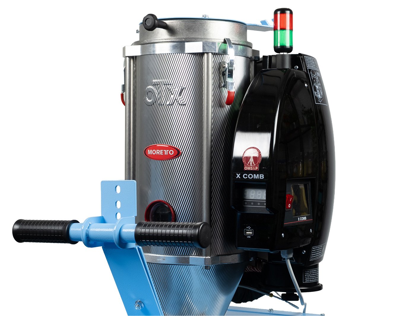 Side view of the XD12 desiccant dryer, showing the insulated OTX hopper, sight glass, and the X COMB control unit with display, power switch, and USB port.