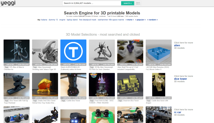 Screenshot from the Yeggi site showing various 3d prints.