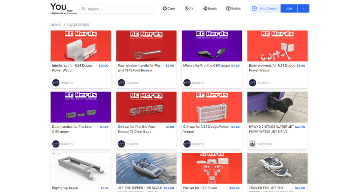 Screenshot from the YouMagine site showing various 3d prints.