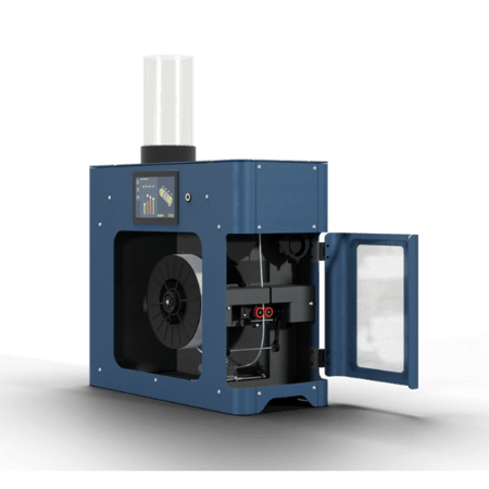 A rendering of the blue Filament Maker TWO in a slight angle with its door open.
